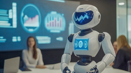 人型ロボットがミーティングでプレゼンテーションをしている