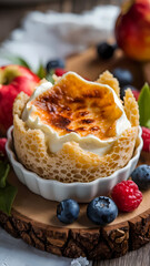 A creamy dessert with a browned top is nestled in a crispy, lacy pastry cup.  It's served on a wooden slice with blueberries and raspberries.  Peaches are visible in the background.