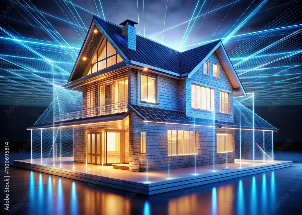 Poster long exposure of a 3d wireframe model house with glowing elements, showcasing architectural innovati