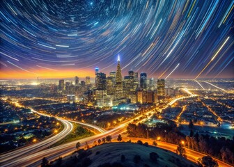 Obraz premium Long Exposure Night View of Los Angeles Centered USA Map with Vibrant City Lights and Star Trails Creating a Stunning Urban Landscape for Travel and Cartography Enthusiasts