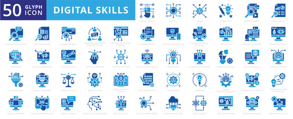 Digital skills icon set with rights, learning, technology, marketing, artificial intelligence, cloud computing, creativity, cyber security, tools, media, culture, knowledge, and programming