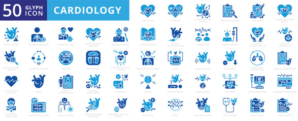 Cardiology icon set with congenital, examination, disease, system, physician, catheterization, cardiovascular, stroke, medicine, stethoscope, treatment, pulse, smoking, and rehabilitation