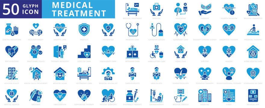 Medical treatment icon set with therapy, recovery, medication, implantation, preventive, heart problem, mental health, diagnosis, pharmacy, contraindication, not effective and adverse effect