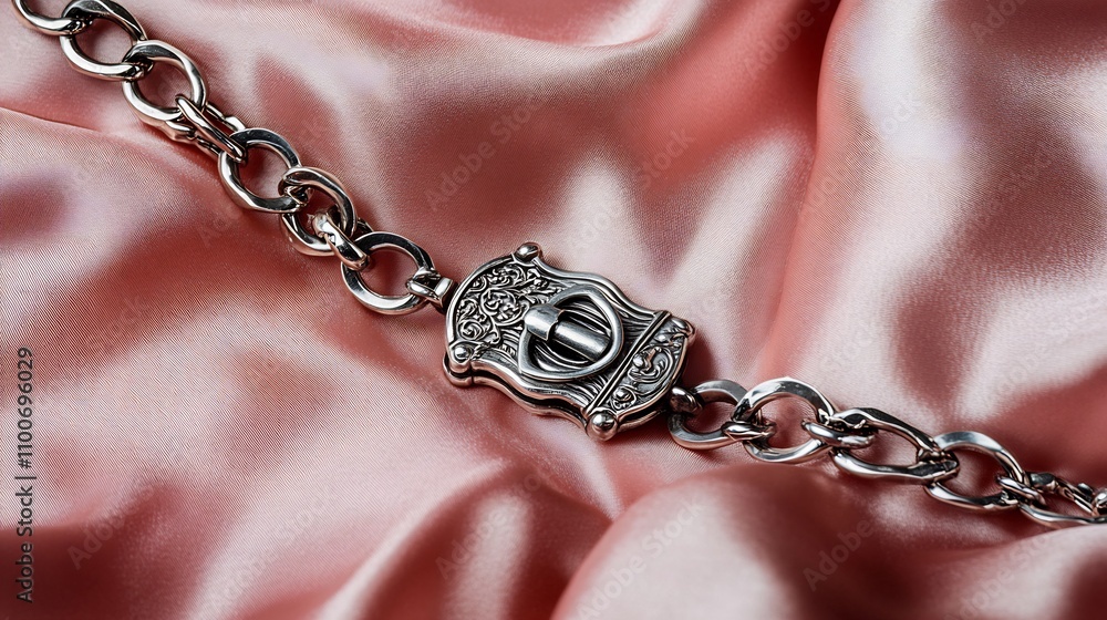 Poster closeup of a beautiful and elegant silver chain bracelet sparkling and shining against a soft satin 