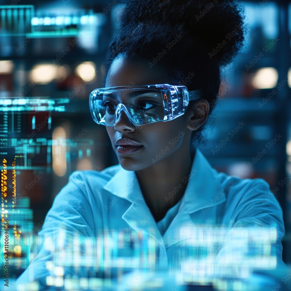 Poster black female engineer with digital tools, optimizing processes in a high-tech lab