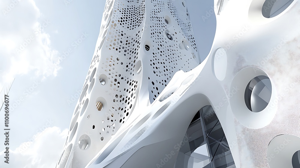 Poster a futuristic architectural structure with organic forms and intricate patterns.