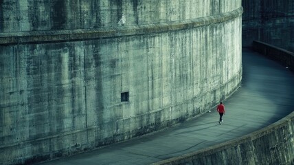 Person in red jacket runs alongside large, curved concrete wall