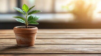 Fototapeta premium Potted plant on wooden table in natural light