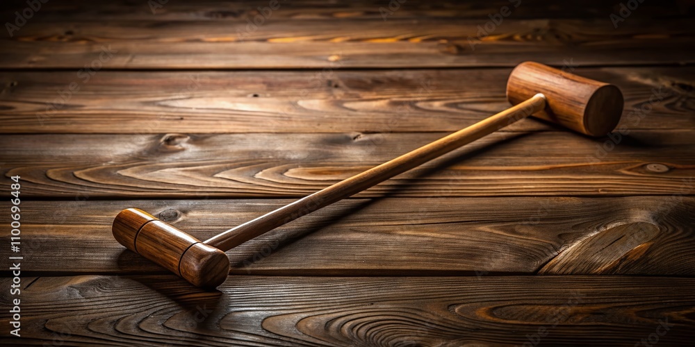 Poster long exposure of a wooden club with a long handle and flat rectangular head on a rustic surface, cap