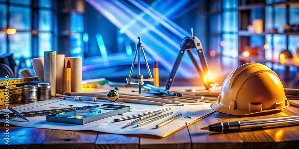 Poster long exposure of basic instruments for architects and construction engineers on a work table showcas
