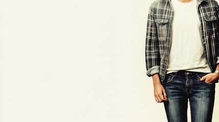 Naklejka premium Man in casual attire with plaid shirt and jeans standing against light background