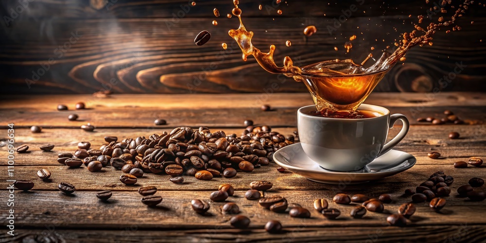 Poster long exposure of coffee spilled on rustic wooden table capturing the flow and texture of the liquid 