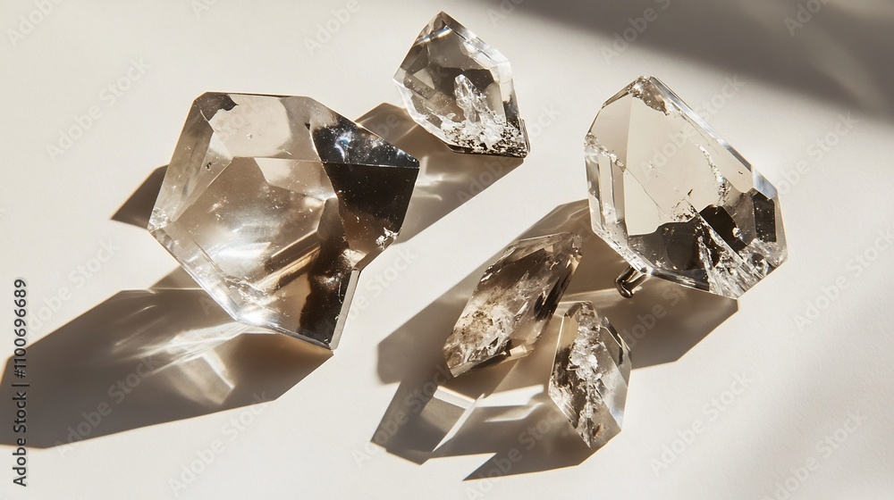 Poster closeup of assorted sparkling quartz crystal fragments arranged on a plain white background geologic