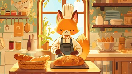 A fox chef bakes bread in a cozy kitchen