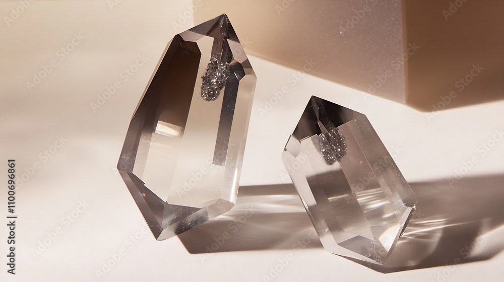 Poster mesmerizing quartz crystal prisms radiating light and geometric patterns in a minimalist studio sett