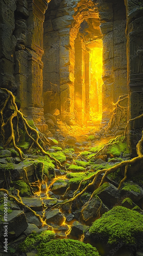 Poster breathtaking image of an enchanting subterranean forest bathed in warm ethereal light filtering thro
