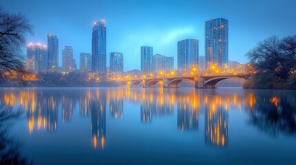 Fototapeta premium A serene cityscape at dawn with illuminated buildings reflecting on a calm river.