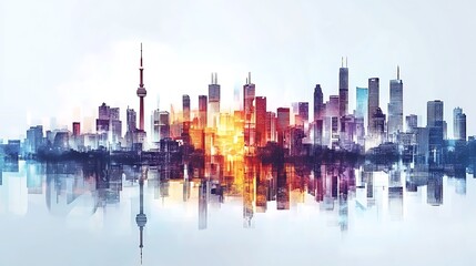 Obraz premium A vibrant city skyline reflected on water, showcasing modern architecture and urban life.
