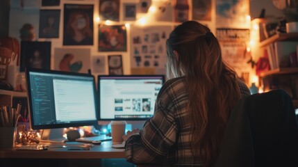 Young Woman Entrepreneur Working Late in Cozy Home Office