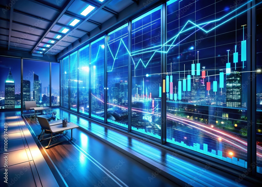 Poster long exposure shot of virtual risk management dashboard with dynamic bar graphs and metrics for busi