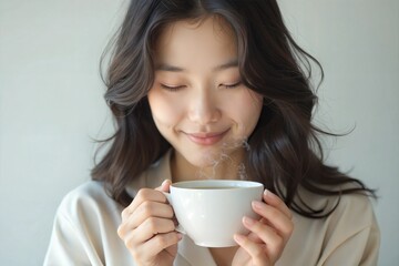 Minimalist Art: Asian Woman with Tea Cup