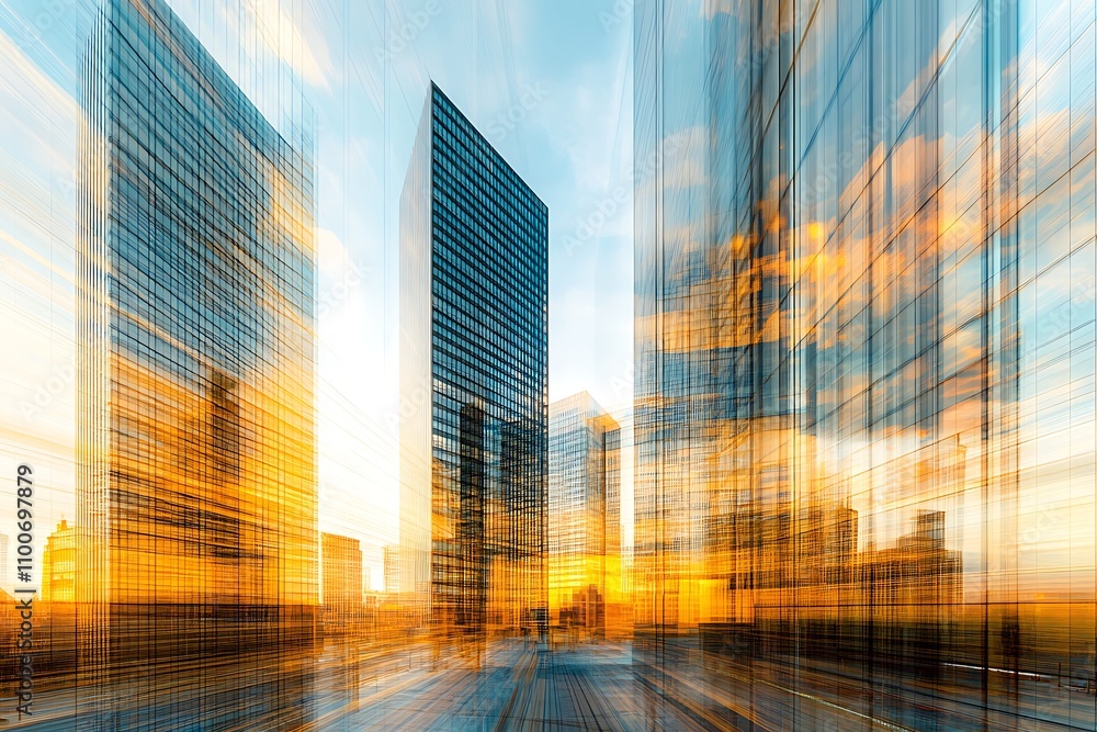 Poster abstract view of skyscrapers reflecting sunset colors with a dynamic motion effect.