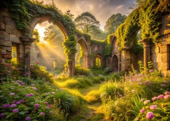 Fototapeta premium Sunlit medieval ruins covered with ivy and wildflowers, creating a serene atmosphere in nature wallpaper background.