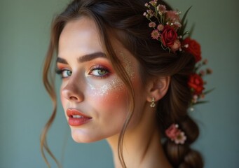Naklejka premium Bridal beauty with floral details in hair during a natural light portrait session