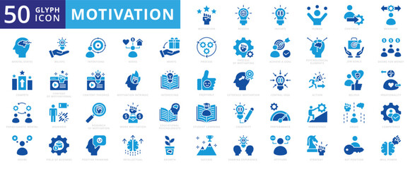 Motivation icon set with compete, reason, research, believe, beliefs, growth, success, strategy, creativity, human, process, attitude, behavior, competence, desire, performance, and positive thinking