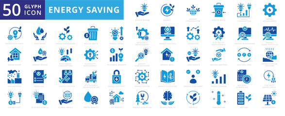 Obraz premium Energy Saving icon set with cost, control, system, management, demand, battery, consumption, monitoring, solar, security, education, green, lifestyle, recycle, temperature, operation, and conservation