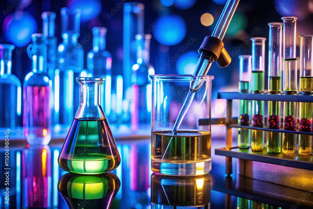 Poster low light photography of biuret test for proteins in a laboratory setting with color changes and sci
