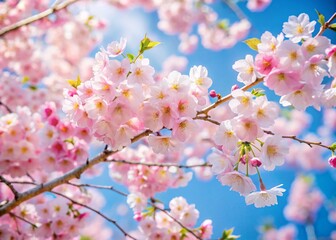 Obraz premium Close up view of pale pink cherry blossoms in full bloom on a sunny spring day, ideal for wallpaper background
