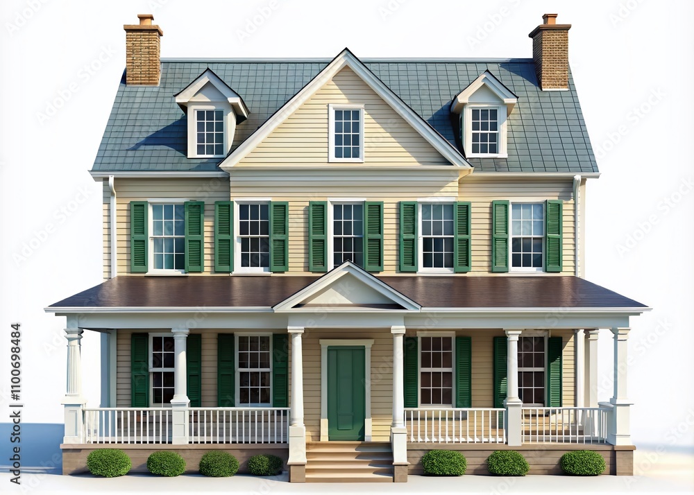 Poster low poly 3d render of an elegant colonial-style house on a crisp white background, perfect for archi