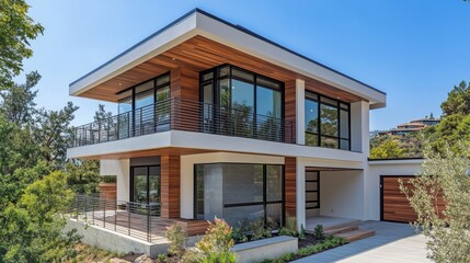 Fototapeta premium Modern two-story house with wood siding, large windows, and a balcony.