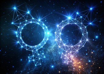 Low Poly Male and Female Symbols in a Starry Sky: A Wireframe Polygonal Design of Celestial Shapes and Lines Representing Gender Identity in a Cosmic Landscape