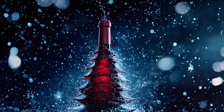a wine bottle transformed into a Christmas tree. The bottle is wrapped in a spiral of red wine, creating the illusion of a tree trunk and branches. A golden star tops the bottle, adding a touch of hol