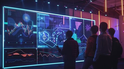 screen with cryptocurrency inflation graphs and people analyzing and explaining