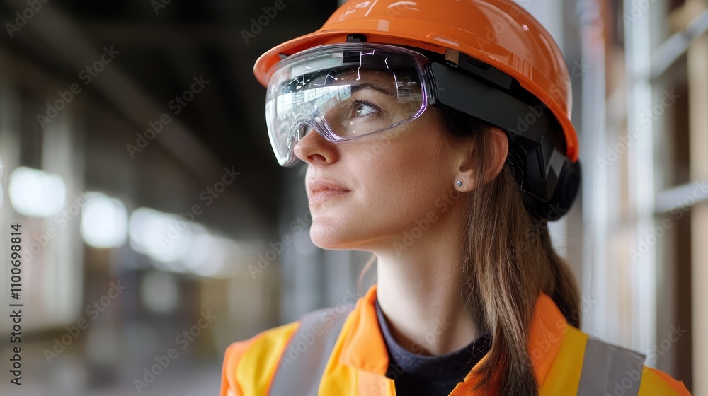 Poster female engineer using augmented reality tools for simulations and problem-solving