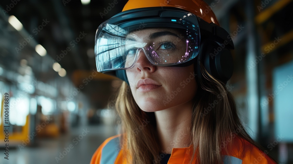 Poster female engineer using augmented reality tools for simulations and problem-solving