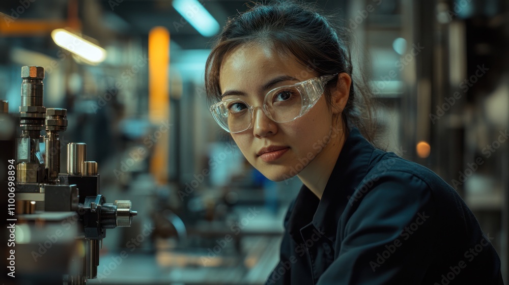 Poster female mechanical engineer working with tools in a workshop