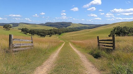 A serene dirt path leads through a lush green landscape under a bright blue sky.