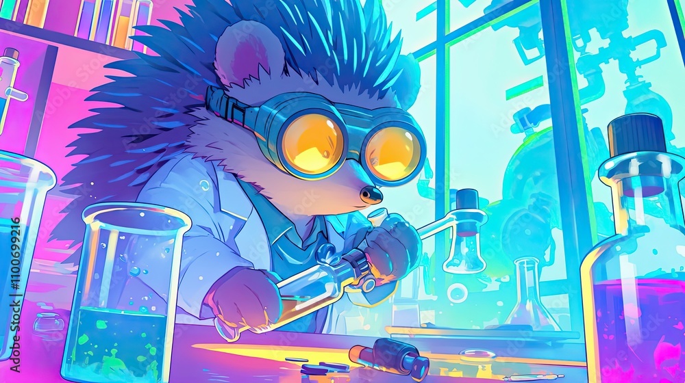 Poster a hedgehog scientist conducts experiments in a colorful lab