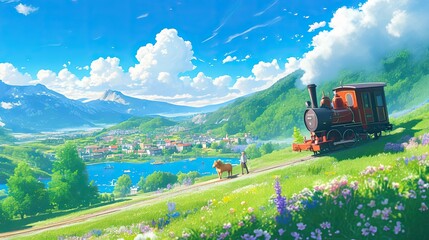 Naklejka premium Scenic Train Journey Through a Mountain Valley Village