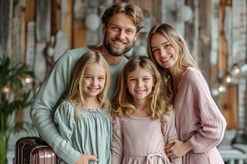 A joyful family of four, including parents and two daughters, stands together indoors, exuding warmth, love, and togetherness.  .