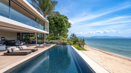 Fototapeta premium Beachfront modern home with private pool, sleek design, and sea view balcony