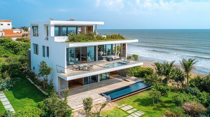 Beachfront modern home with rooftop terrace, open design, and scenic sea view