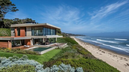 Obraz premium Coastal home with sleek architecture, wide windows, and views of the beach and sea