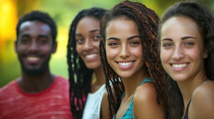 Fototapeta premium A group of friends or family members standing together with smiles, promoting unity in safety.