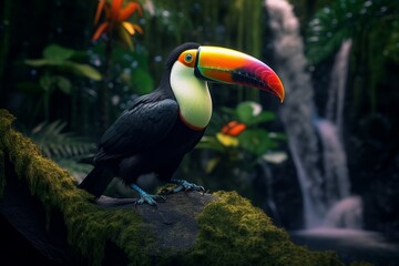 Fototapeta premium Enchanting Toucan by Waterfall: A Beautiful Macro Perspective