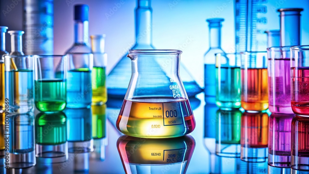 Poster macro laboratory scene with clear solution in beaker on white background, emphasizing clarity and cl